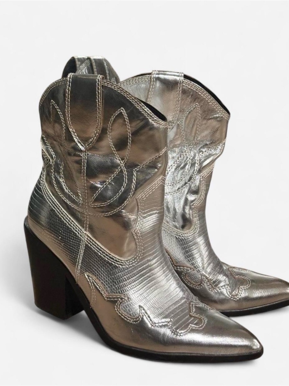 Aldo Silver Metallic Western Ankle Boots